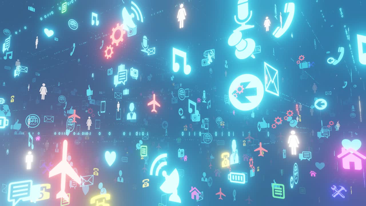 기술 공간에서 비행 카메라 추론 색상 소셜 아이콘 소셜 네트워크에 연결 4k 원활한 루핑 애니메이션