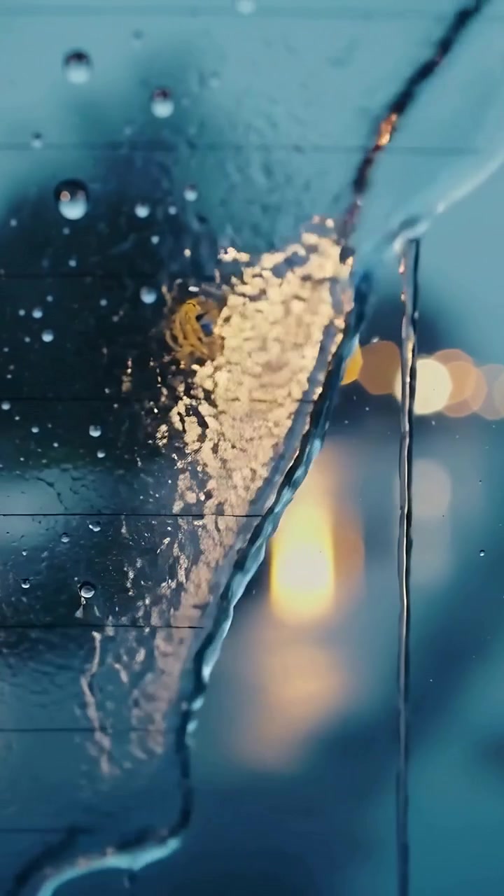 Vertical video: Running rainwater on car glass with grid lines forming rivulets, reflecting lights