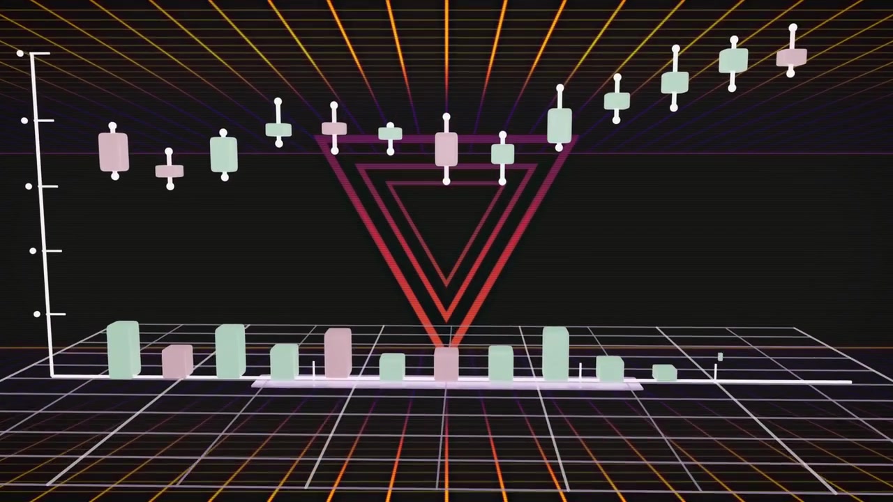Diagonal vit stapel sveper, 3D-diagram med neon triangelaxel, ljus och staplar roterar och visar trend