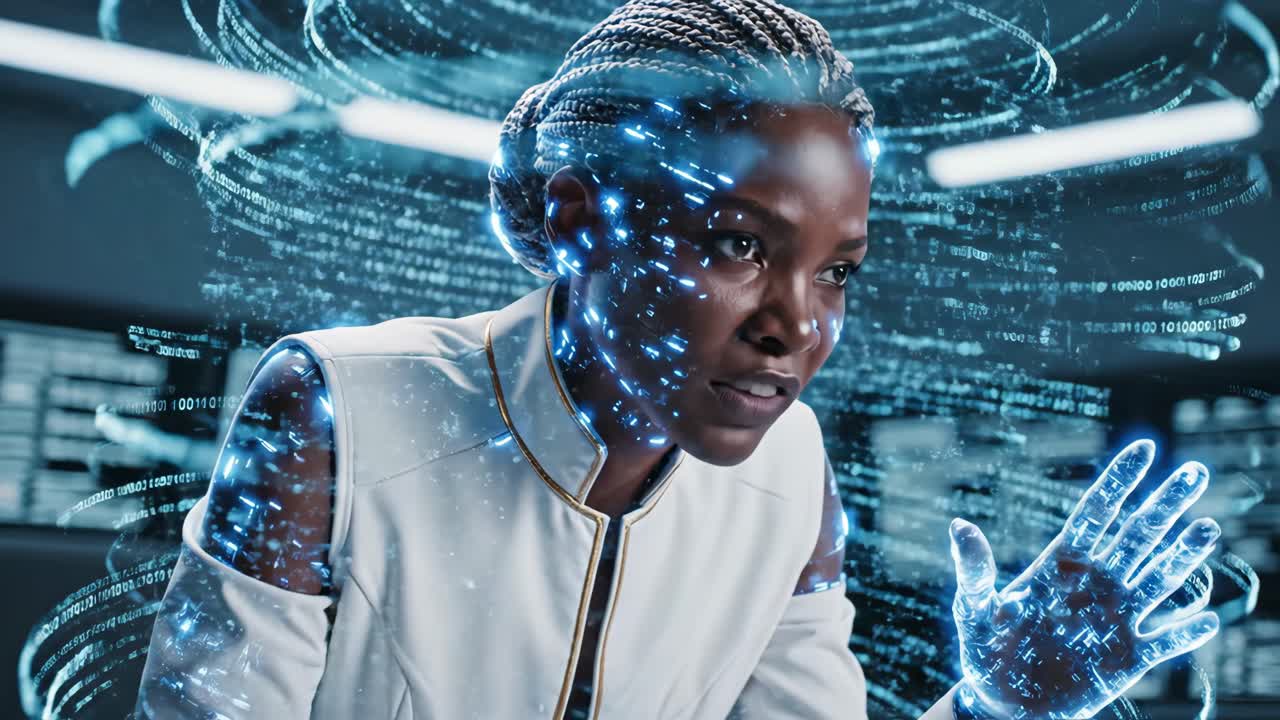 Futuristic Woman Interacting with Digital Technology