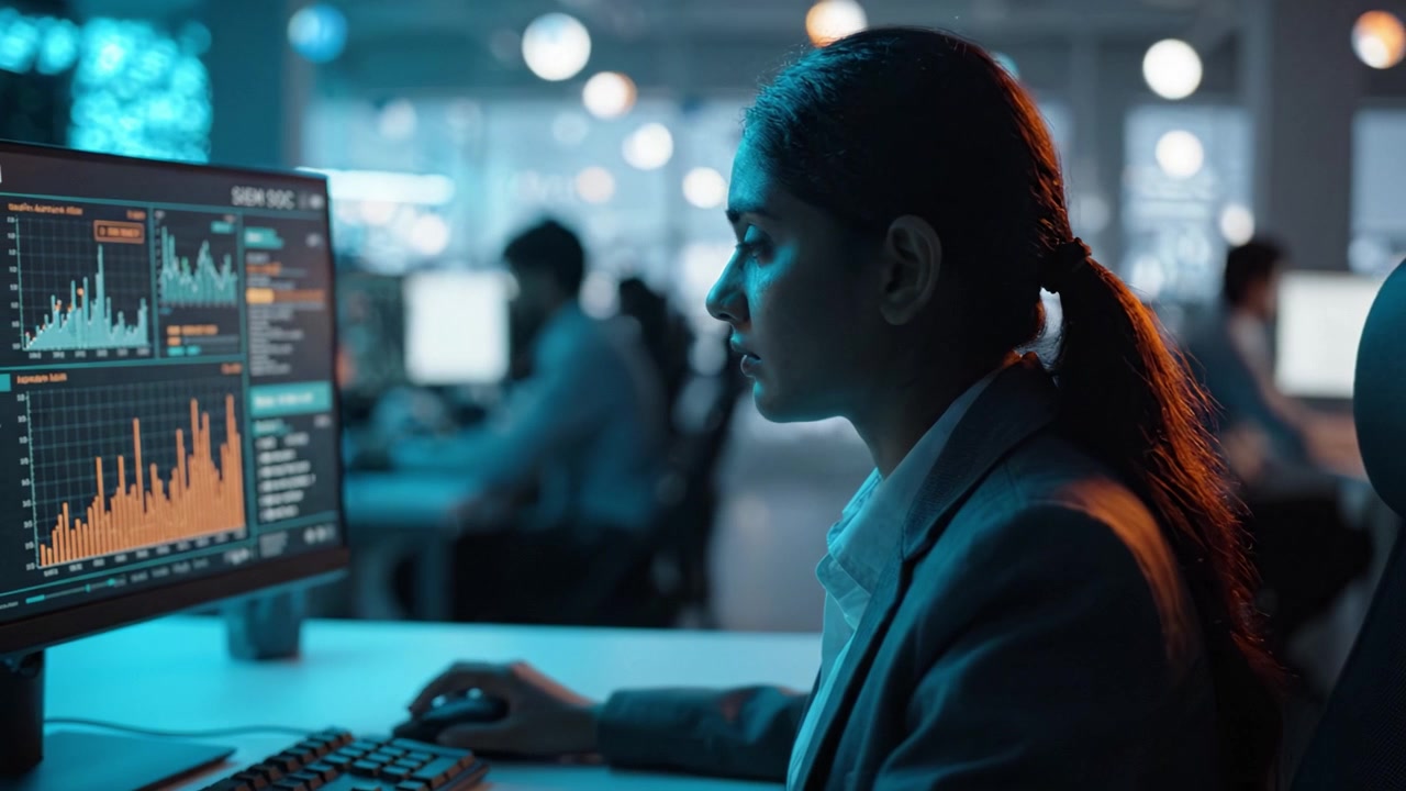 Focused Professional Analyzing Data Trends on Computer Screens in Modern Office Setting During Evening Hours with Dynamic Visualization of Information
