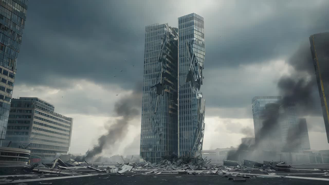 Destroyed Cityscape with Damaged Buildings