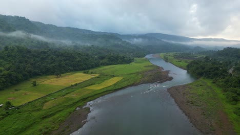 fields and rainforest with flowing river in catanduanes, philippines