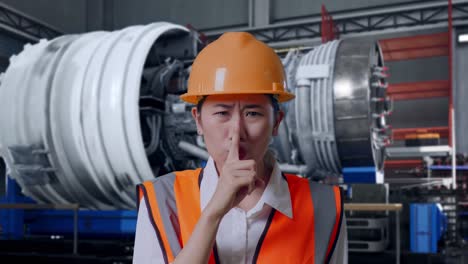 close up of asian female engineer with safety helmet making shh gesture while standing with airplane engine maintenance conducted
