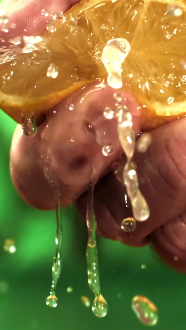 Primer plano en cámara lenta de una mano exprimiendo una naranja fresca