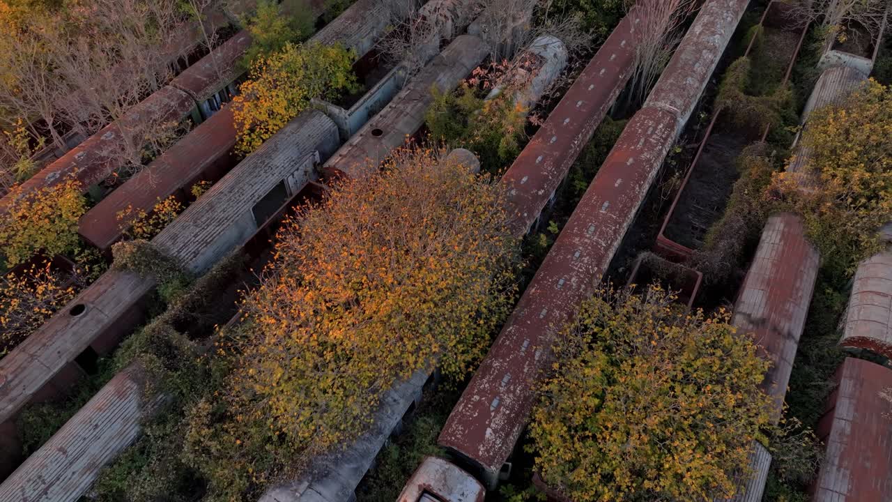 Deserted railway yard bathed in sunset hues with rusted trains, Greece