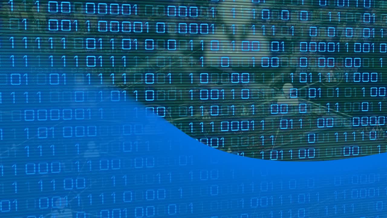 Binary coding data processing over network of profile icons against blue background
