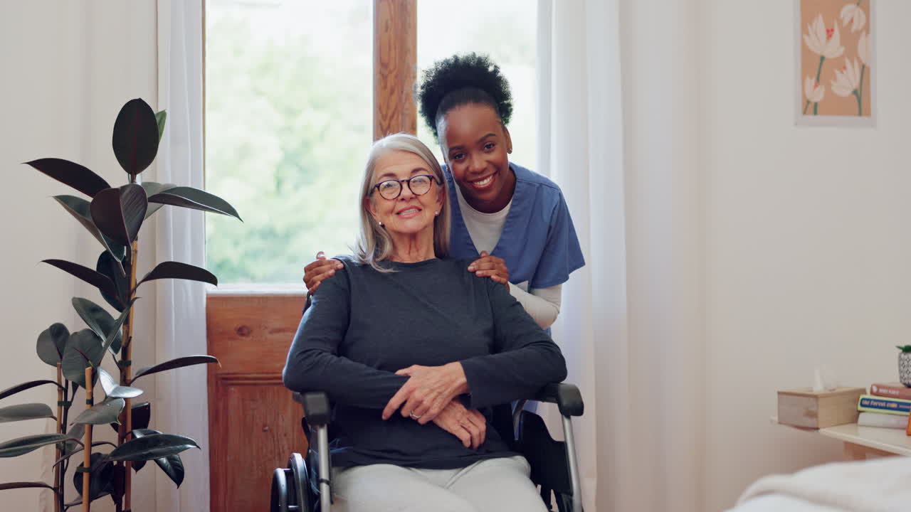Face, elderly and woman with nurse for healthcare