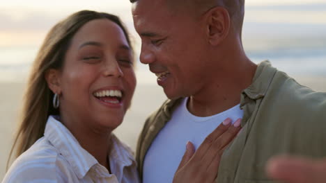 selfie, happy and face of couple at beach