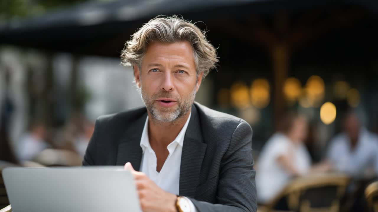 A Professional Man with Stylish Hair Seated Outdoors at a Café, Engaged with His Laptop and Smiling in a Bright and Inviting Atmosphere, Attending to Business while Enjoying the Day