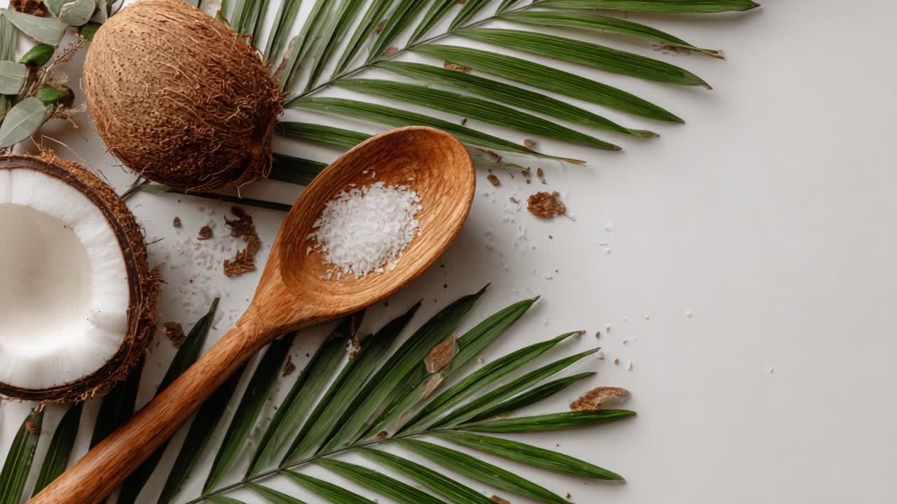 A Deliciously Natural Arrangement of Coconut and Palm Leaves with Sea Salt on a Wooden Spoon: Embracing Tropical Flavors and Textures