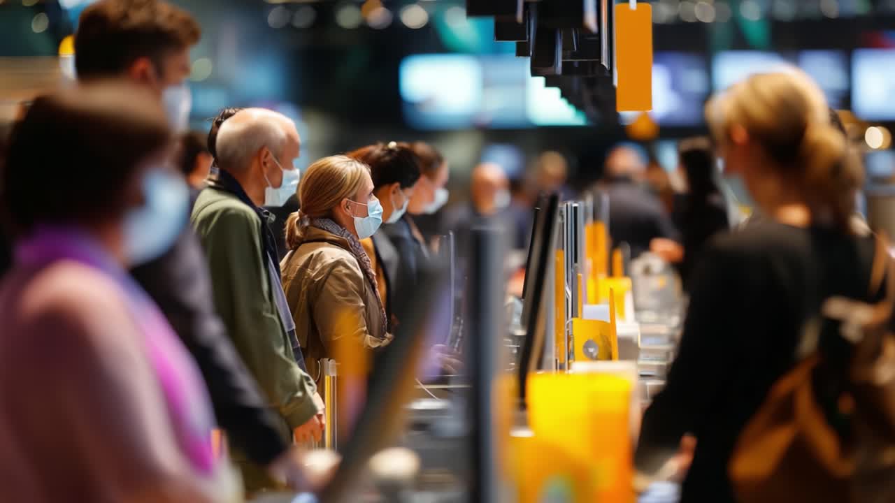 A Busy Checkout Line with Masked Shoppers and Cashiers Engaged in Transactions Amidst a Modern Retail Environment Featuring Multiple Checkout Stations and Contemporary Technology