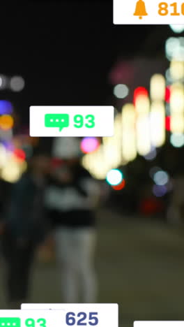 animación de iconos y números de redes sociales fuera de enfoque de la ciudad y los semáforos