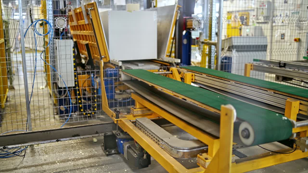 Industrial building interior. Factory interior with conveyor belt