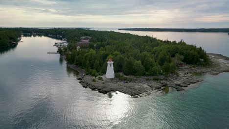 aerial view of a lighthouse on a secluded island
