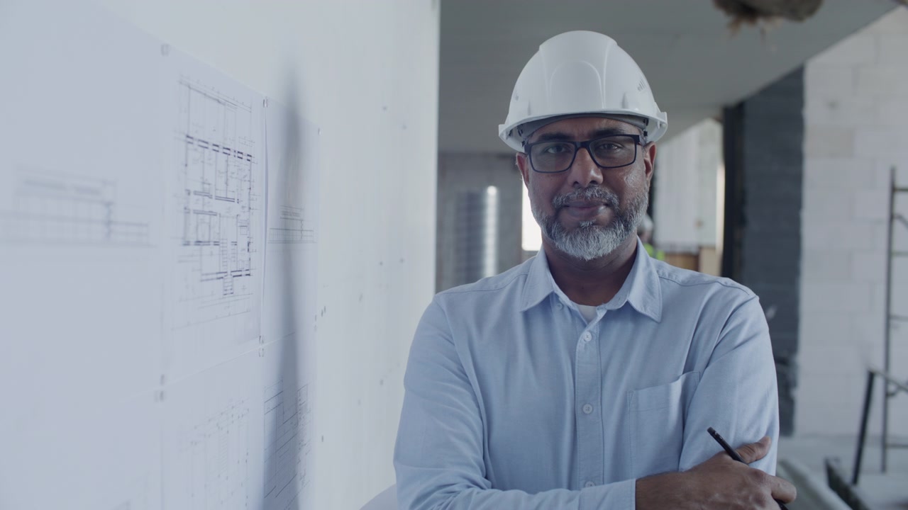 Retrato de ingeniero sénior de pie junto a un plano en una obra de construcción