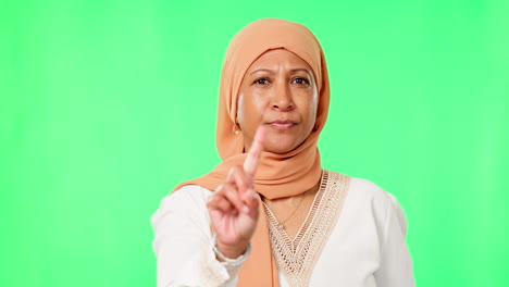 face, green screen and islamic woman with no