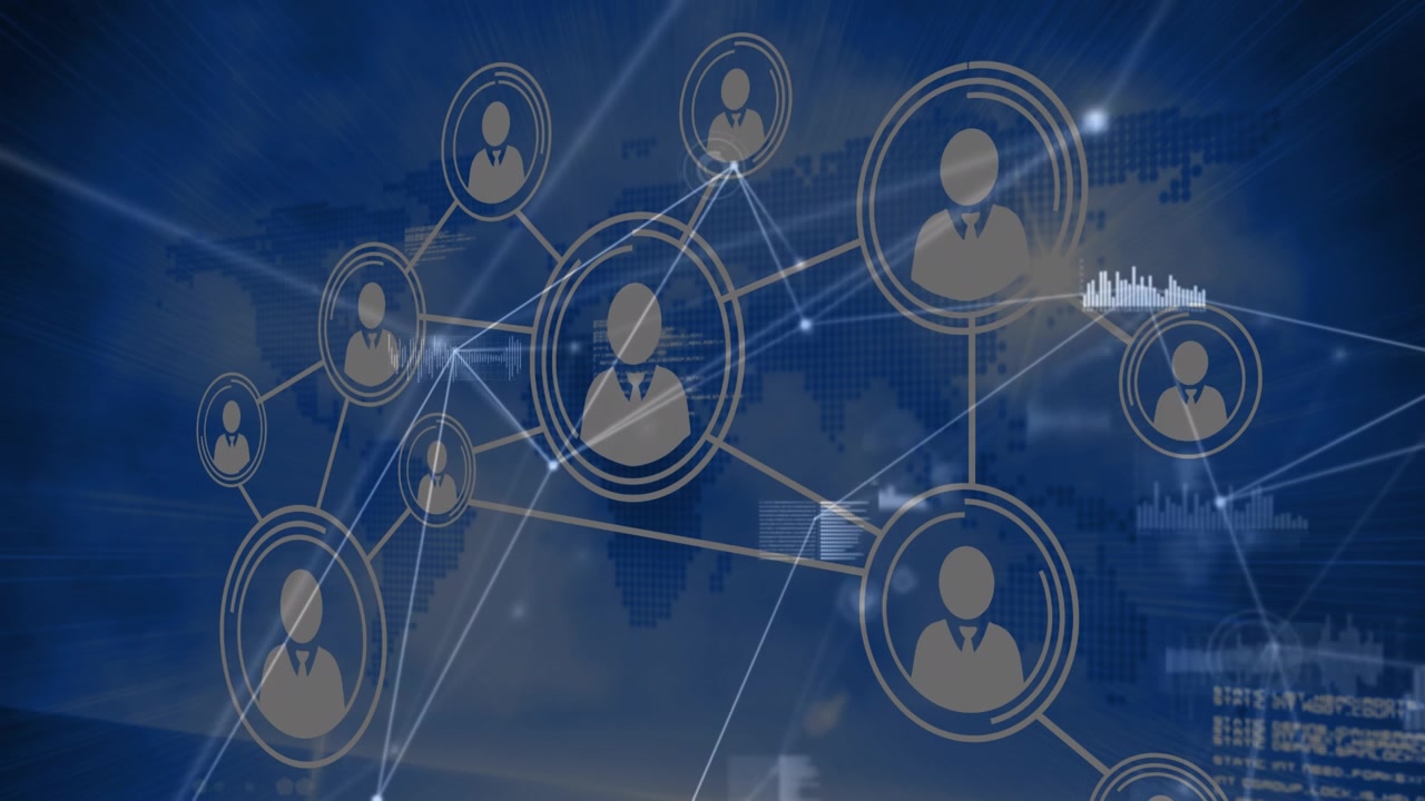 Animazione di una rete di connessioni su icone.