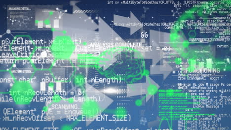 animation of green hexagons and white arrows over data processing on blue background
