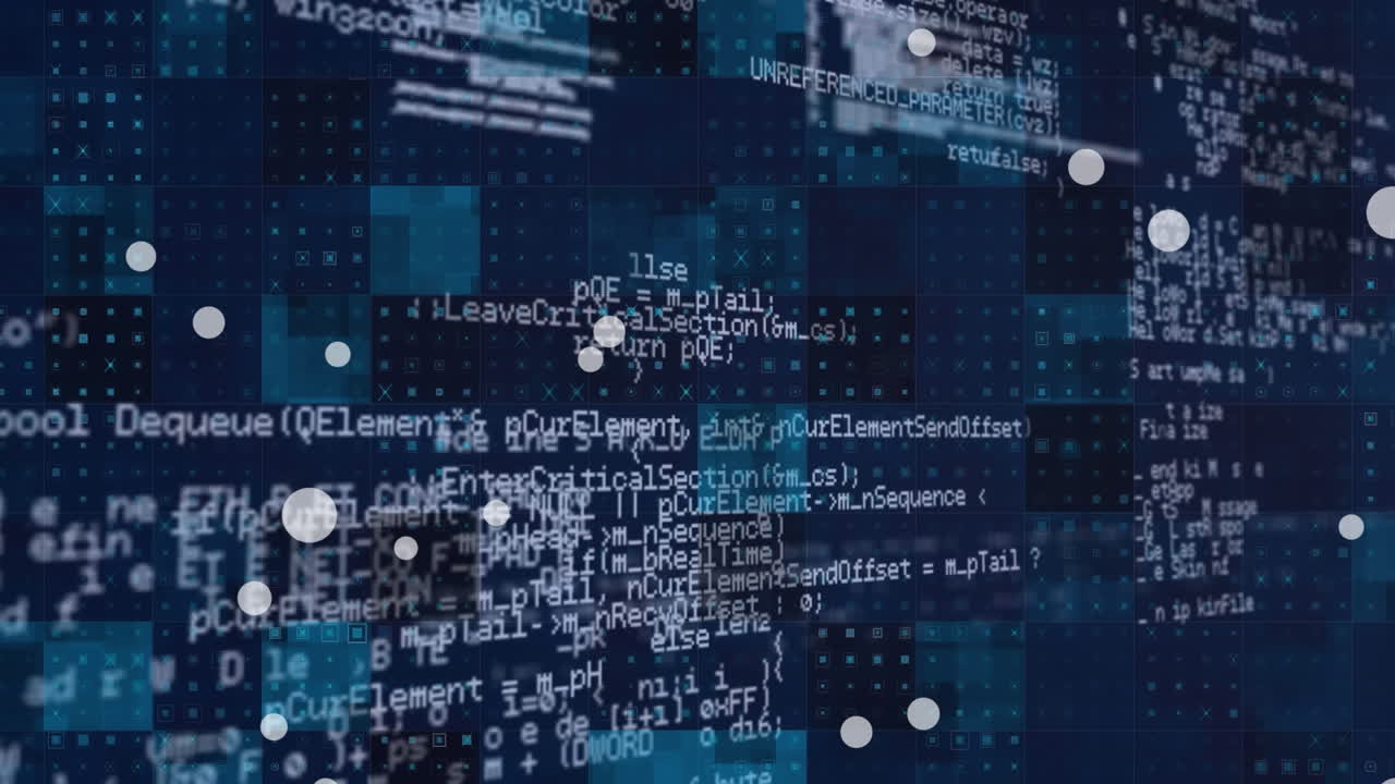 Animation of computer language, circles and illuminated squares over abstract background