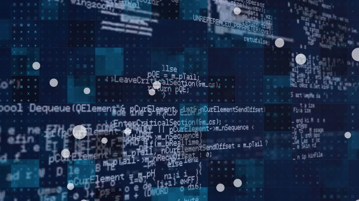 Animation of computer language, circles and illuminated squares over abstract background
