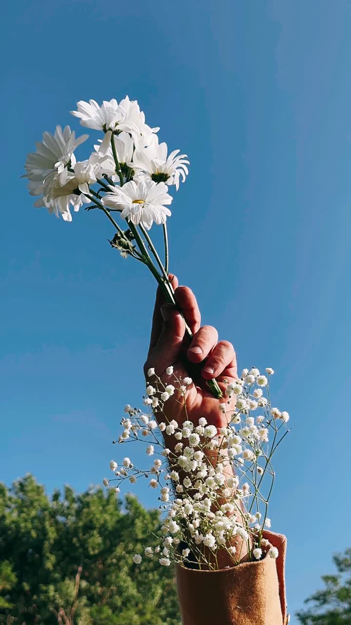 mano sosteniendo un ramo de flores blancas contra un claro cielo azul