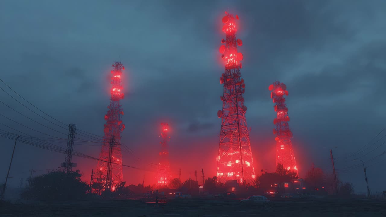Dystopian landscape featuring several tall communication towers glowing with eerie, blinking red warning lights against a dark, foggy sky, symbolizing modern network infrastructure and connectivity