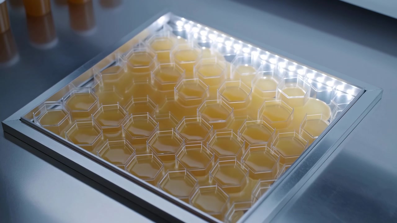 Oblique close-up shows transparent plastic honeycomb well plate filled with uniform amber liquid in hexagonal wells resting on reflective metal tray beneath bright LED edge lighting inside clean