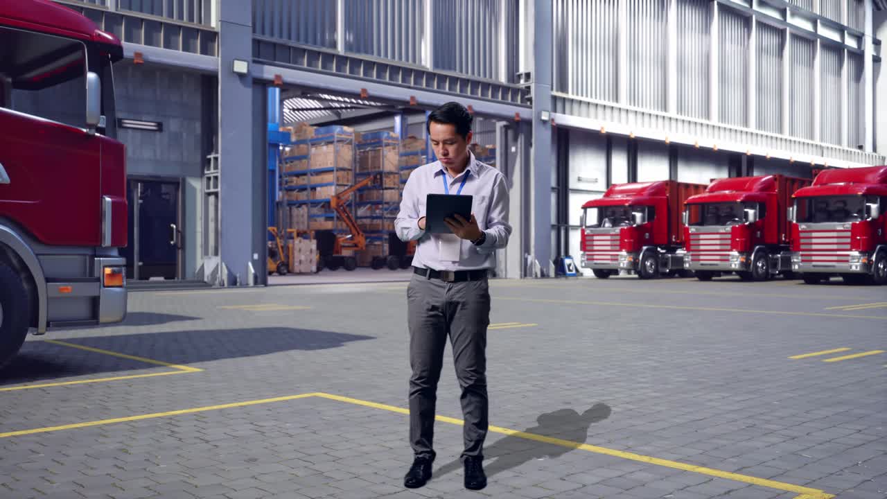 Full Body Of An Asian Male Professional Worker Standing With His Tablet, Outside of Logistics Distributions Warehouse, Typing And Dissapionted With Nodding His Head