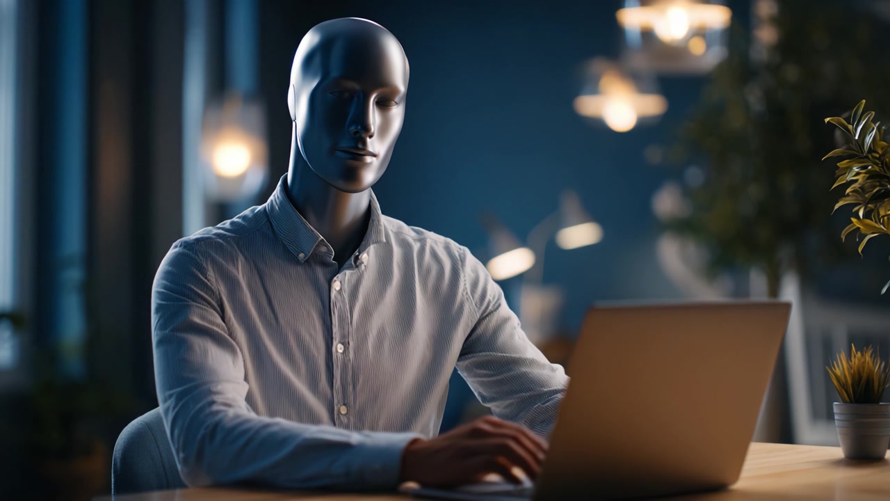 A sleek, lifelike mannequin with a realistic expression seated at a desk, focused on a laptop in a modern workspace filled with soft lighting and greenery.
