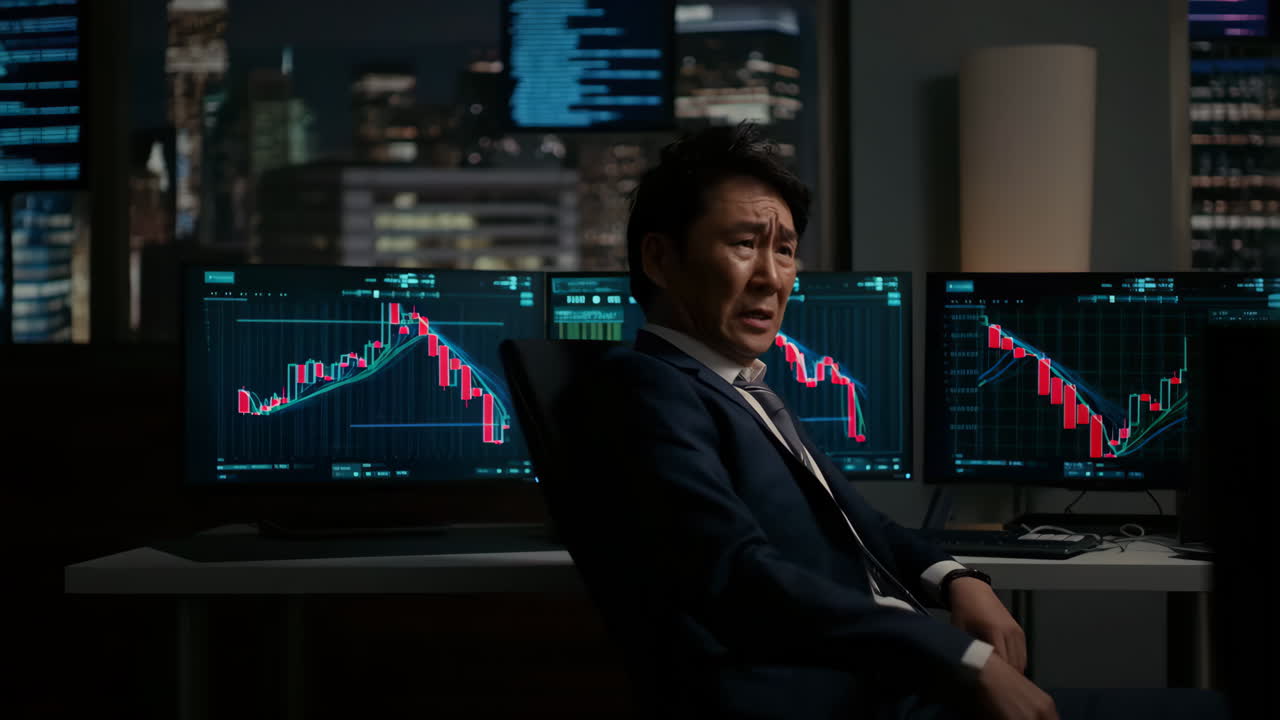 Stressed Investor Reacts to Financial Loss on Stock Market Charts at Night