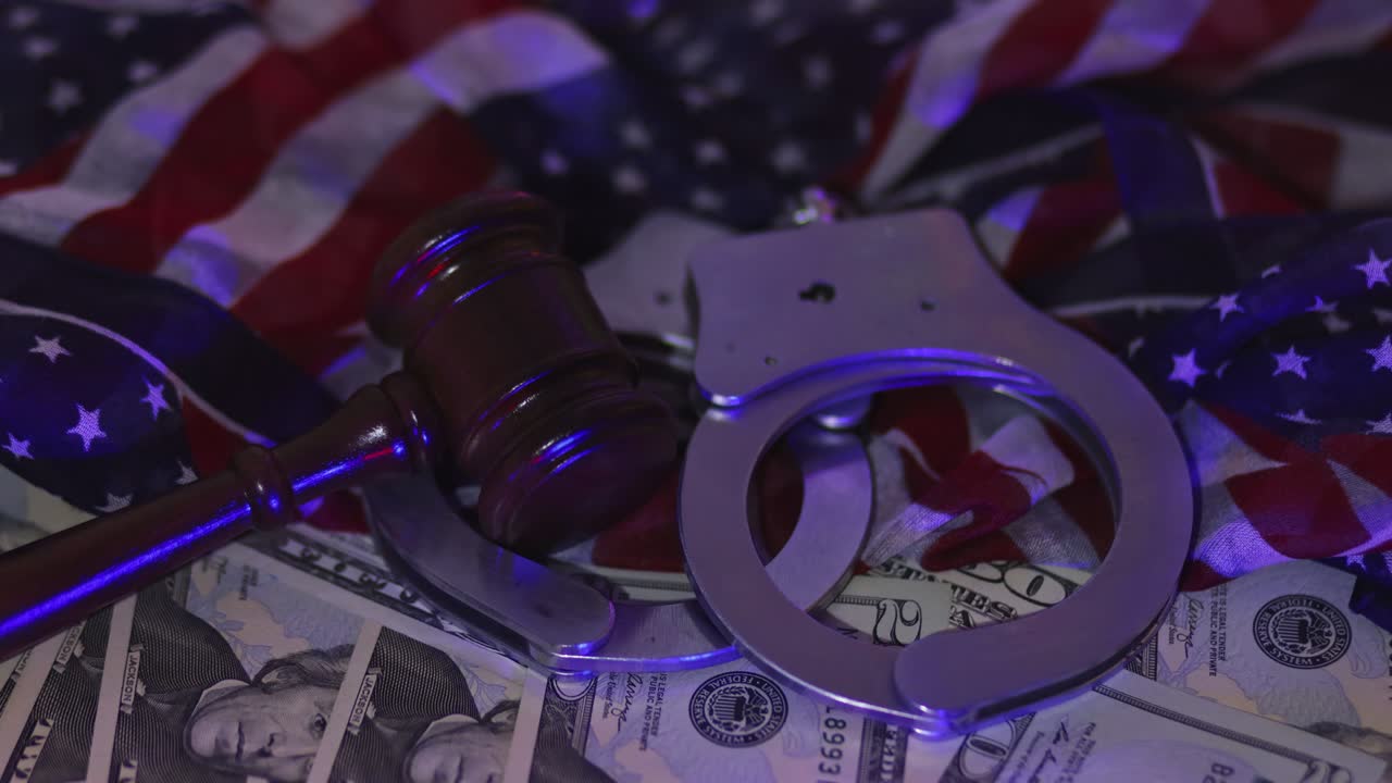금융 부패 법정 정의 목조 판결 망치 경찰 현금의 수갑 미국 달러와 빛 박이는 경찰