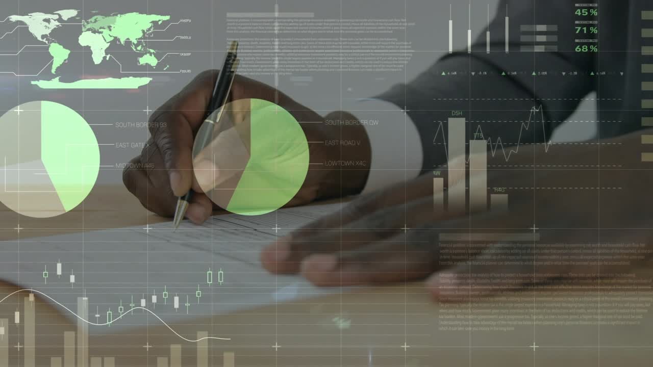 Animation of statistical data processing over mid section of businessman taking notes at office