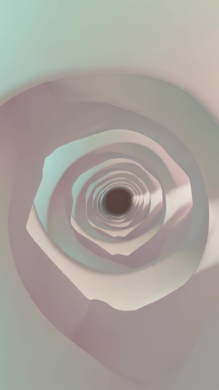 Vertical video: Moving camera through spiral tunnel showing dark core, folds, mint pink light