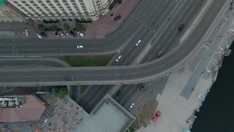 Aerial-overhead-shot-over-an-intersection-in-a-highway-of-Kiev