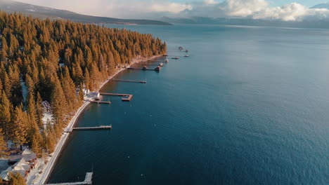 drone shot of a sunny morning on lake tahoe