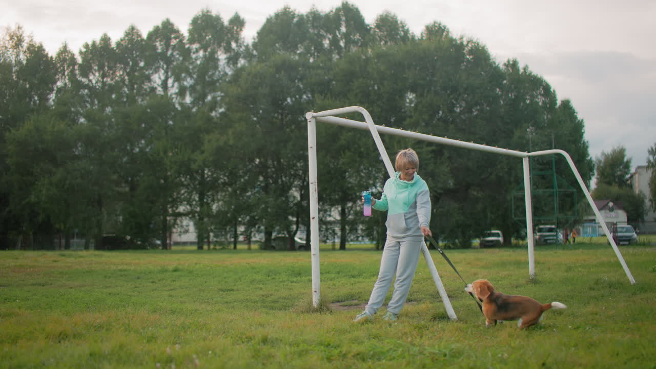 Female dog tamer resting against football post while golden retriever energetically plays with leather leash on grassy field during cloudy day outdoor fun bonding moment joyful interaction