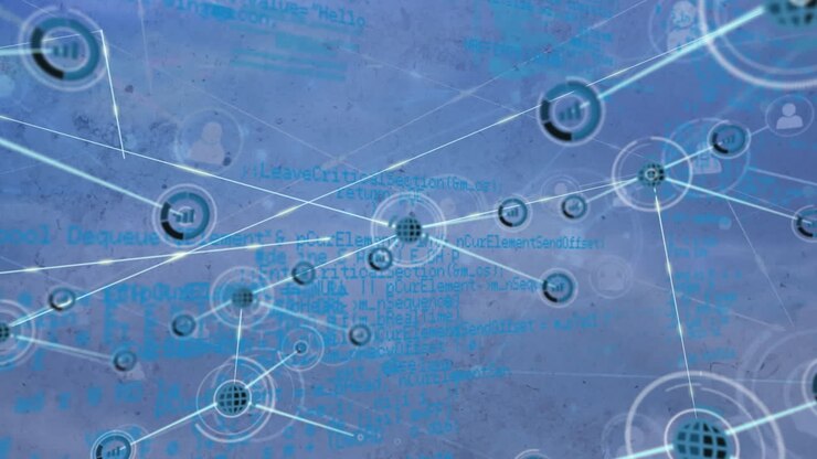 Animation of network of connections with icons on blue background