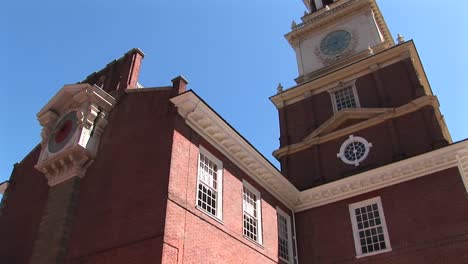 a look up at independence hall to the clocktower near the top