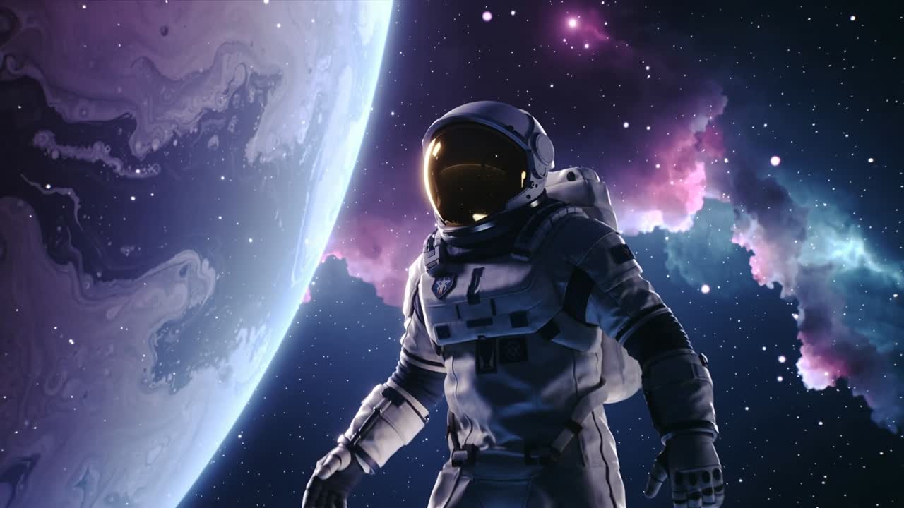 Svævende astronaut i rumdragt vender sig mod et kamera, der lukker, nær en marmoreret planet, visiret viser en tåge.