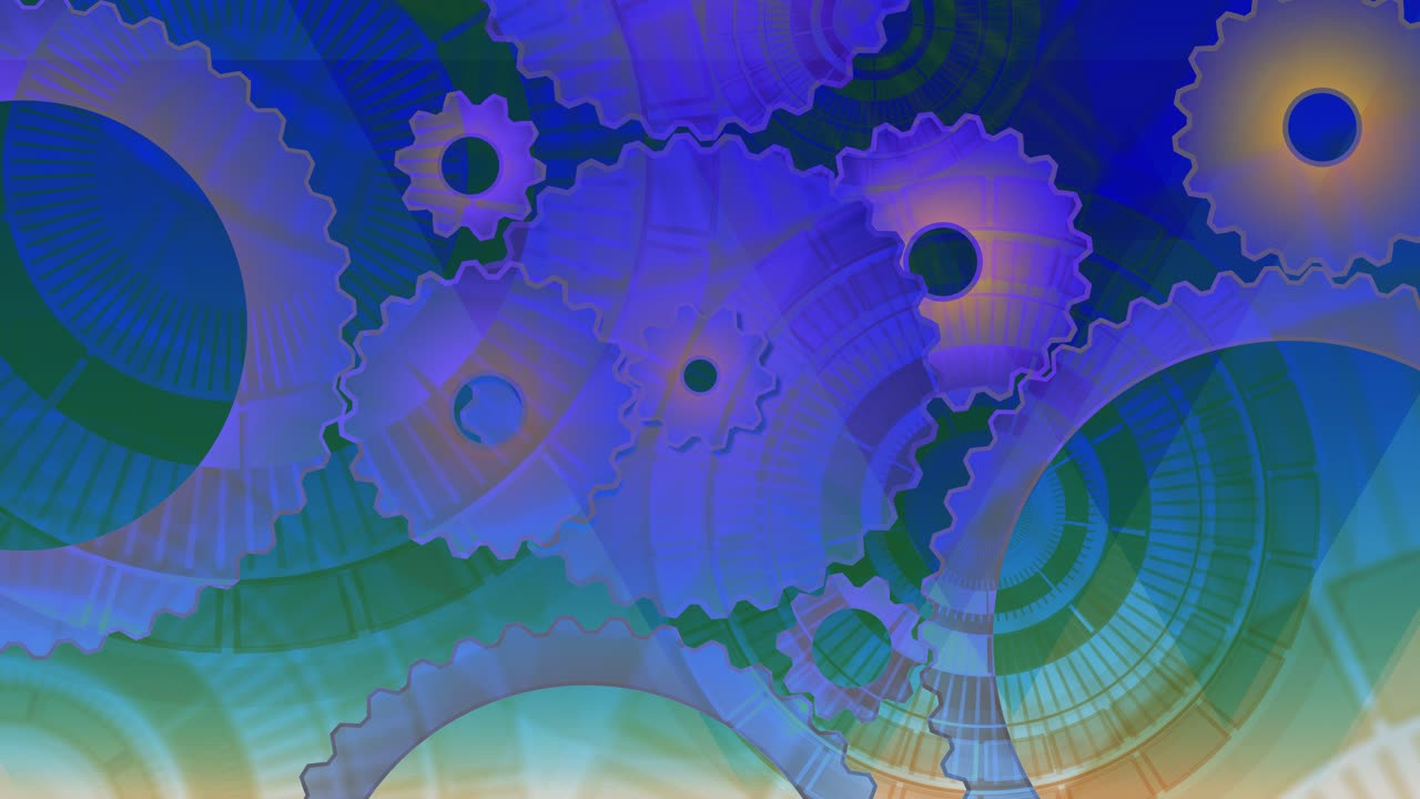 Cogs and gears abstract animated background with overlapping transparent clockwork elements in blue and green, complex technology systems