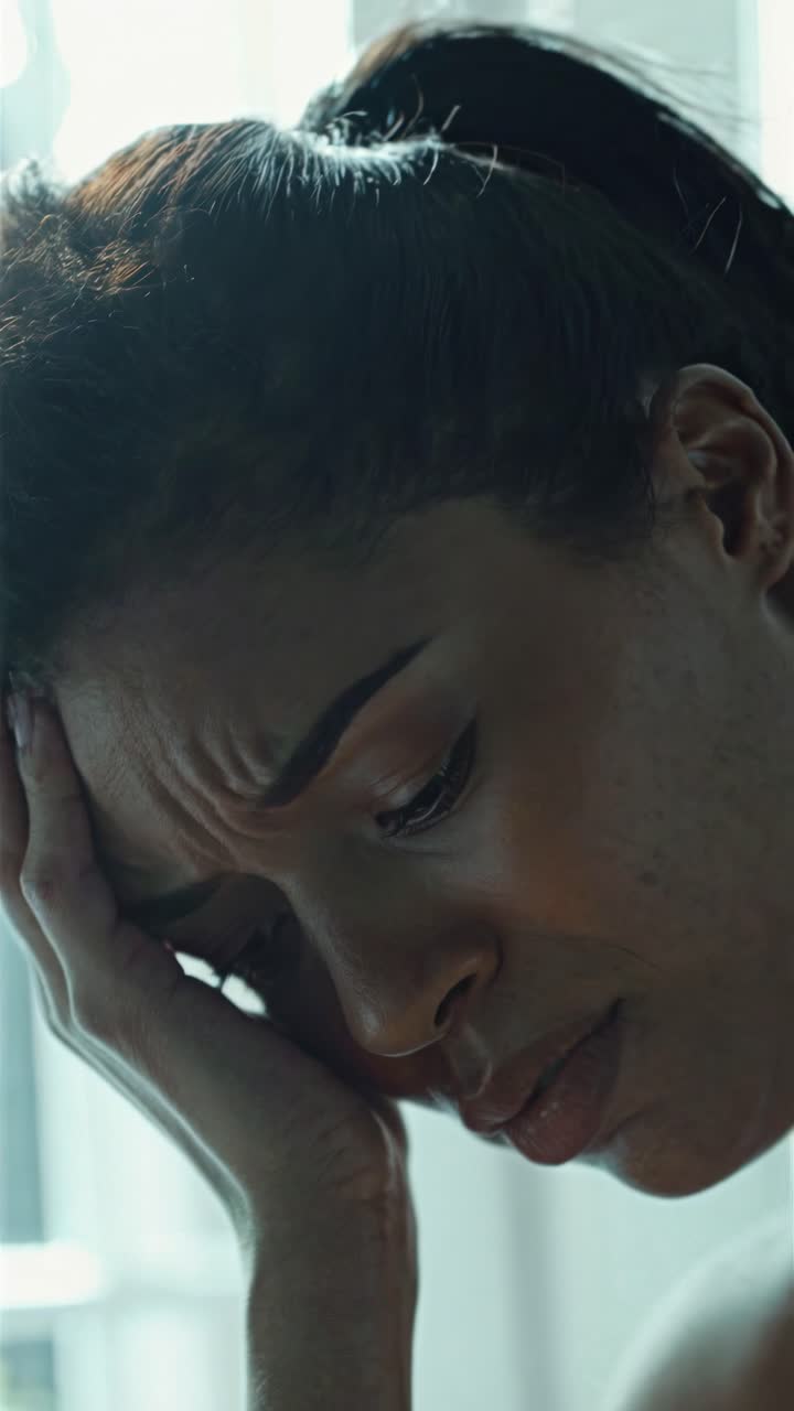 Close-up de um frame de vídeo de uma mulher em sofrimento, com foco em sua expressão