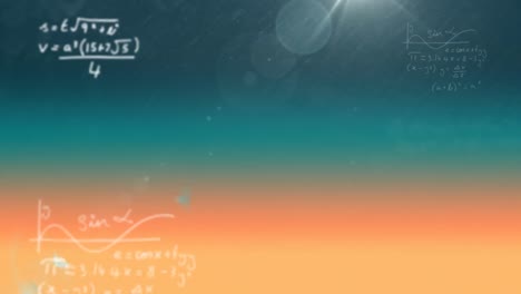 Animation-of-mathematical-equations-over-blue-and-orange-background