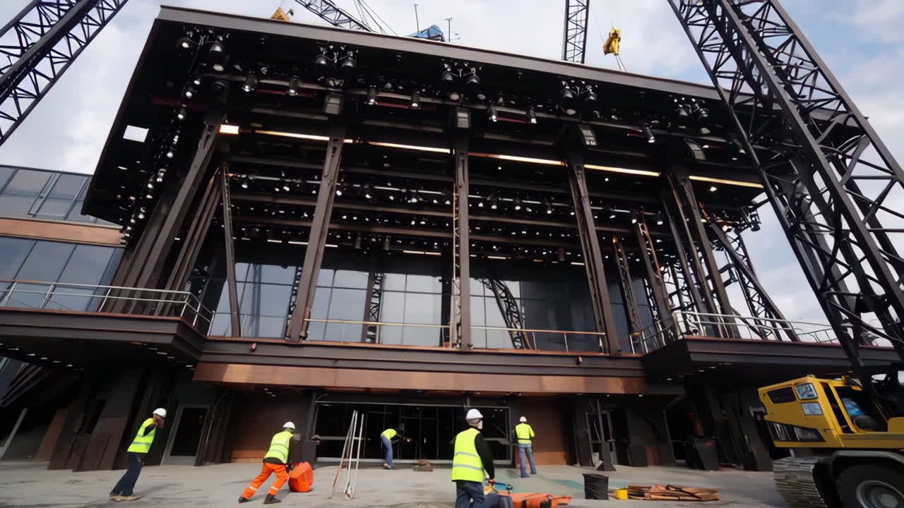 Construction of a Modern Building with Cranes and Workers