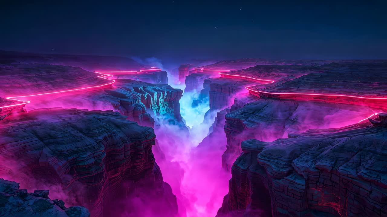 Advancing camera revealing deep V-shaped canyon at night, highlighting neon rim and glowing mist
