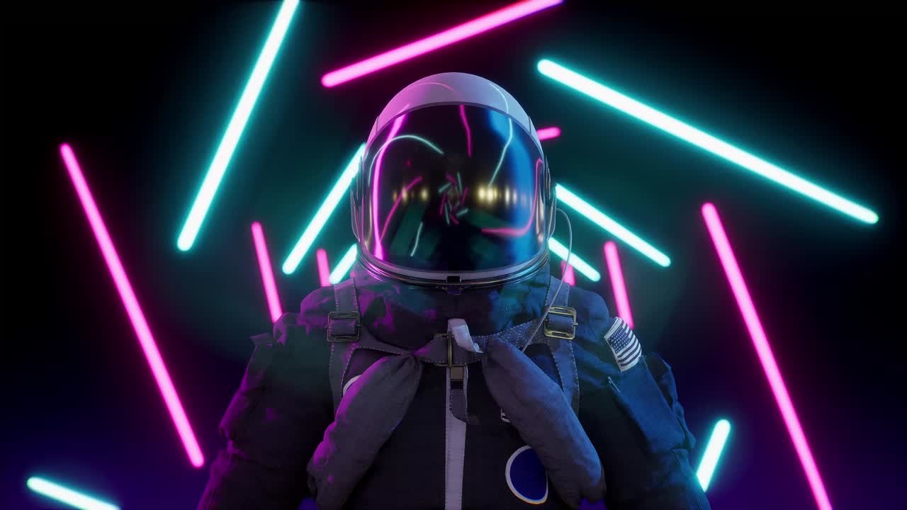 astronauta en el corredor del túnel de neón infinito. luces láser de neón. bucle de retroondas