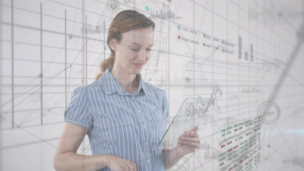animación de estadísticas y procesamiento de datos sobre una mujer de negocios caucásica que utiliza una tableta