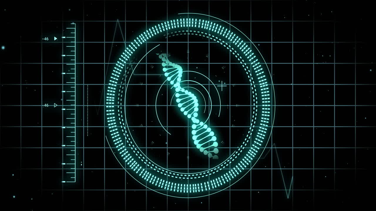 animación de escaneo de alcance y procesamiento de datos con cadena de adn en fondo negro