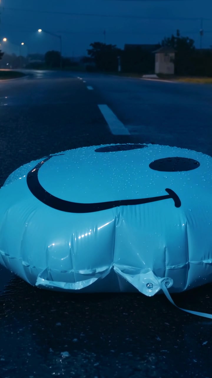 Vertical video: Camera opening, round smiley balloon resting on wet street at dusk with tether