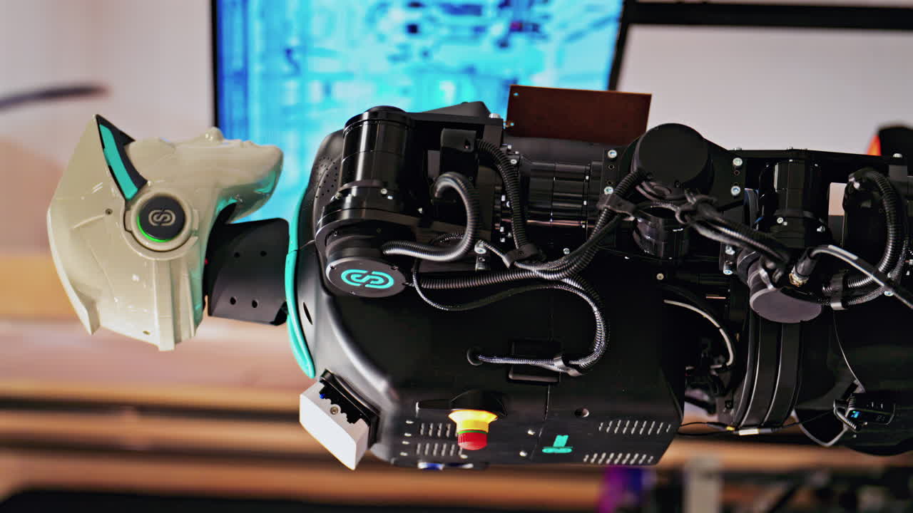 Cannes, France - February 15, 2025: Humanoid robot with a sleek black and white body, and glowing blue eyes, standing at conference. Vertical